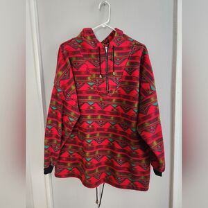 Vintage Quarter Zip Patterned Fleece Hoodie Aztec Large